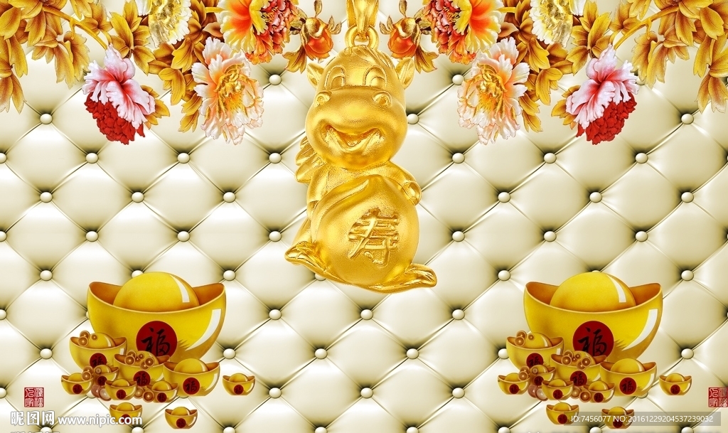 招财进宝牡丹花软包背景墙