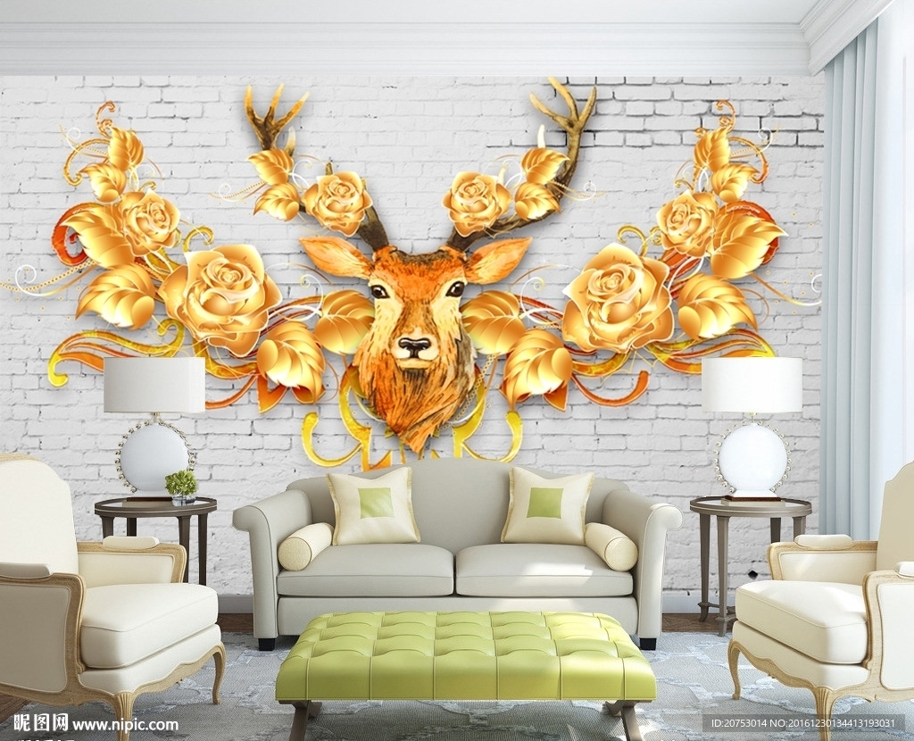 欧式金色花卉纹理麋鹿背景墙装饰