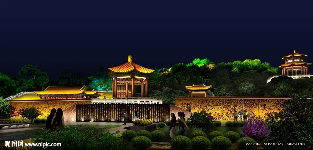 景观角亭浮雕墙照明设计