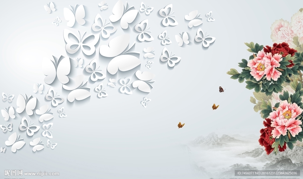 蝶恋牡丹花立体背景墙