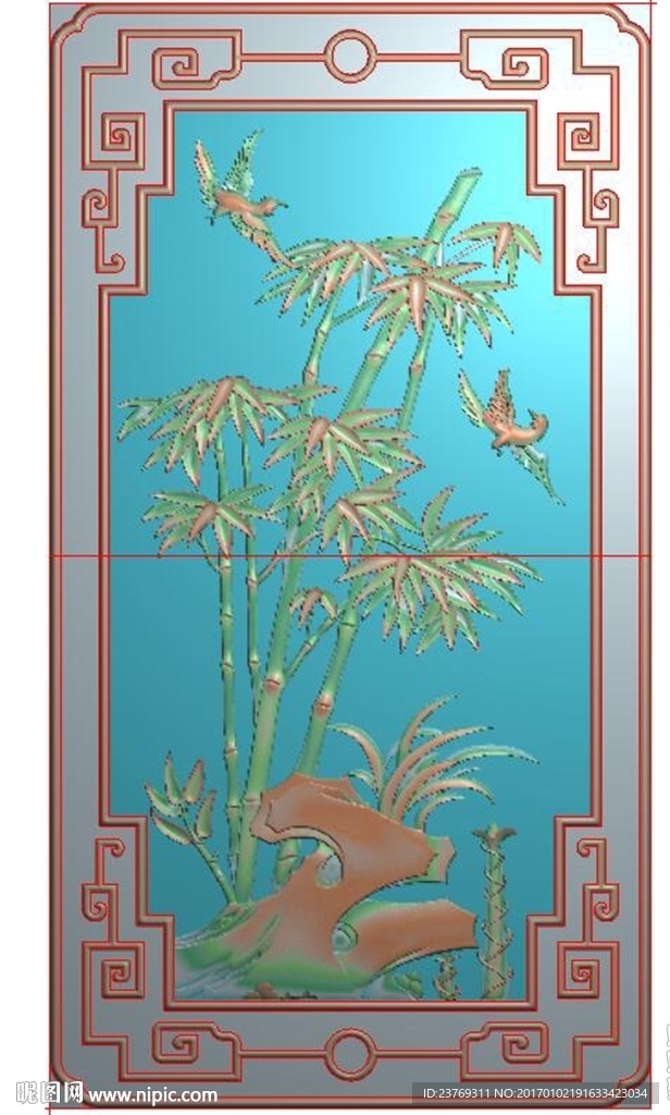 四季花竹子鸟背板精雕浮雕灰度