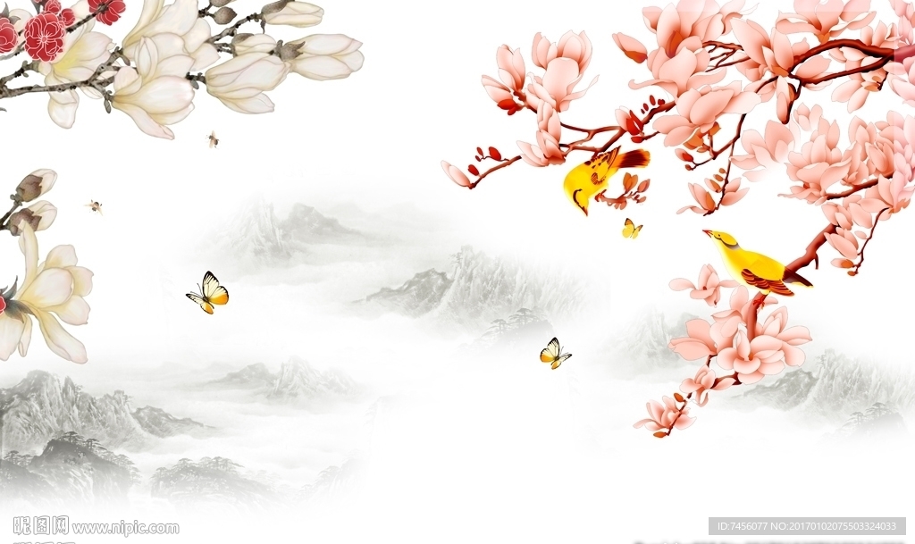 蝶恋兰花花鸟水墨中式背景墙
