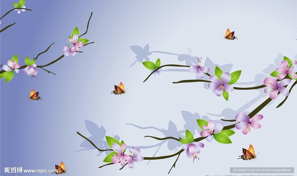 蝶恋花淡雅紫色花枝背景墙