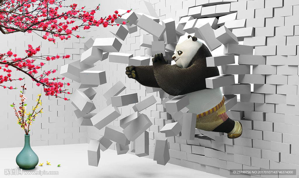 中式3D立体熊猫背景墙装饰画