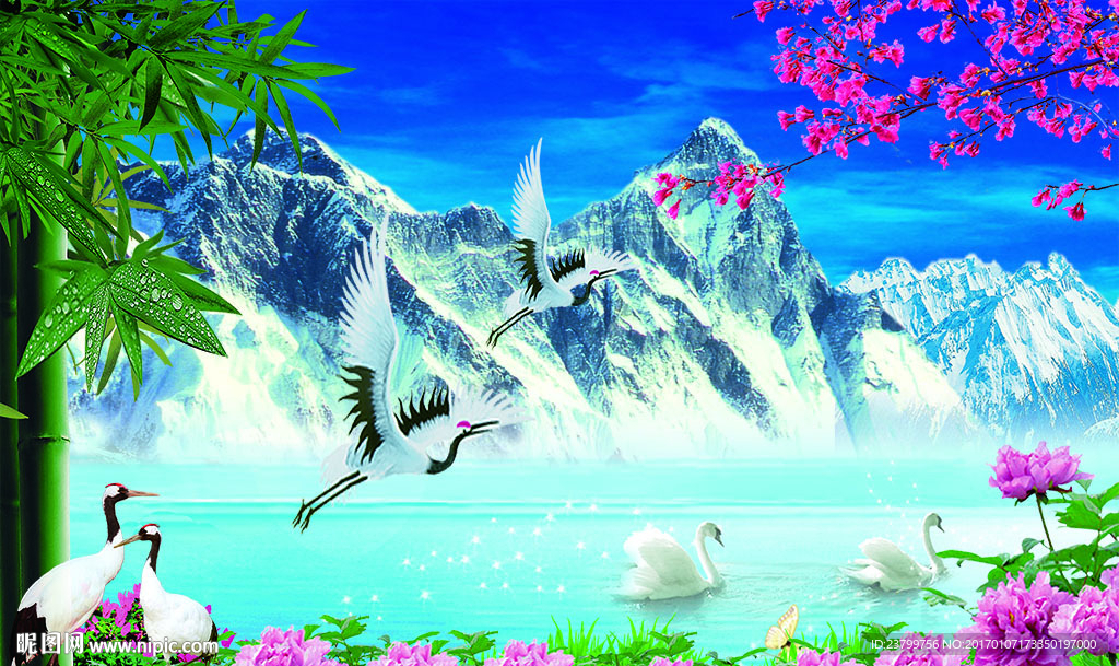 山水情仙鹤背景墙装饰画