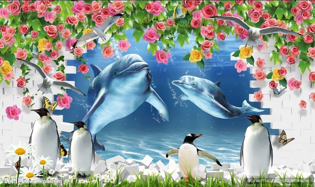 海豚之恋玫瑰花企鹅墙面立体背景