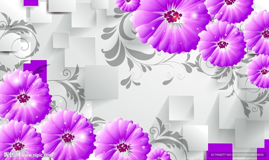 淡雅紫色花卉立体背景墙