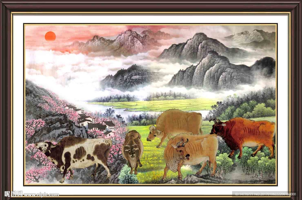 国画风景五牛图