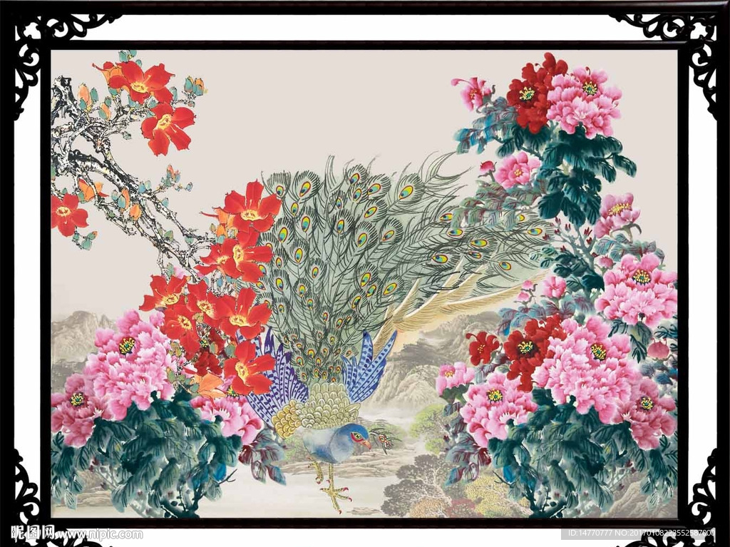 花开富贵孔雀图