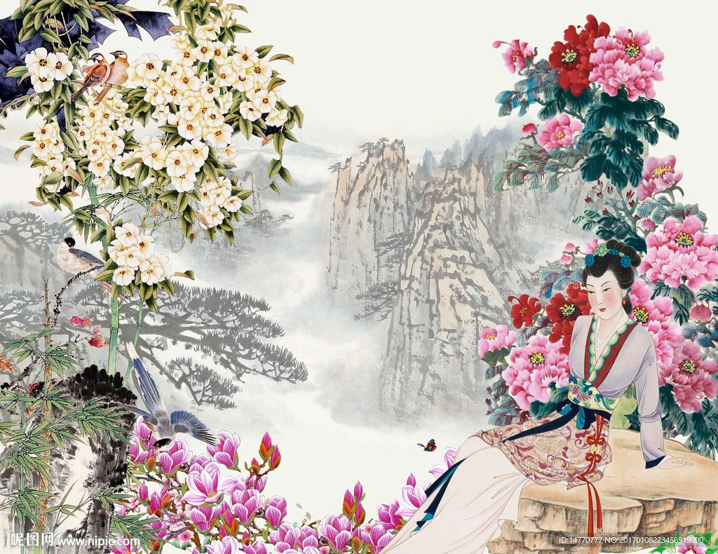 国画仕女图 花开富贵