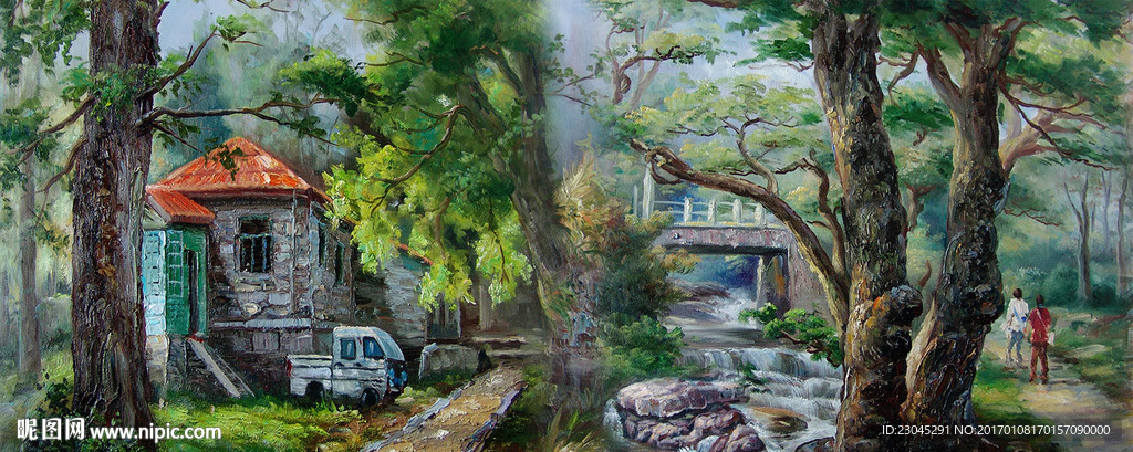 乡村树林风景油画