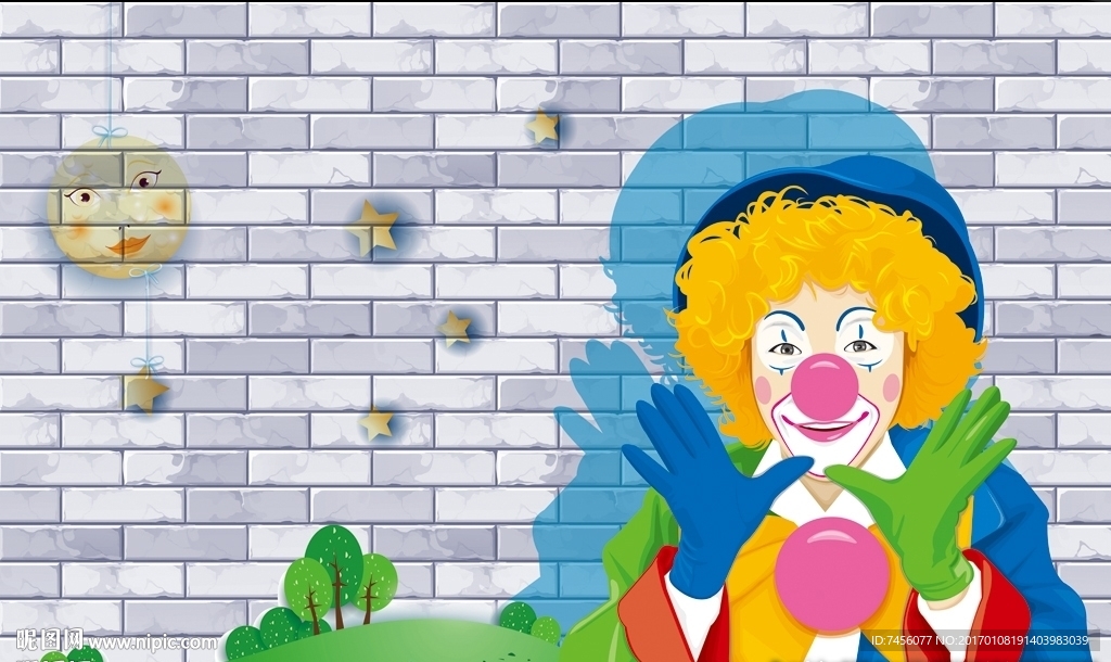 草地太阳手绘小丑立体墙面背景墙