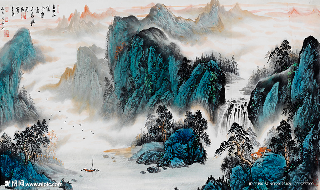 富春山水水墨背景墙（不分层）