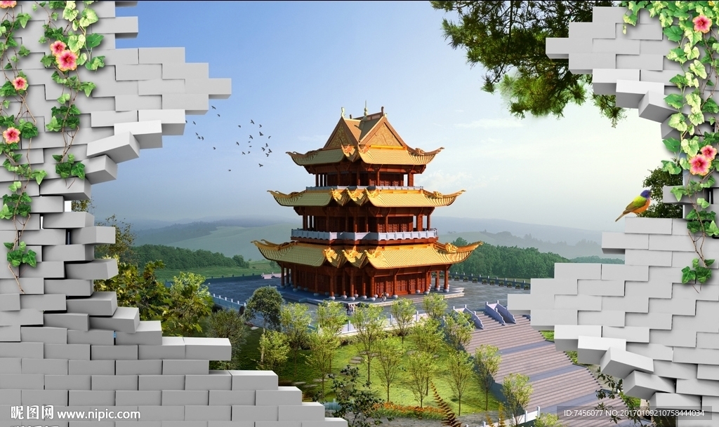岳阳楼唯美美景墙面立体背景墙