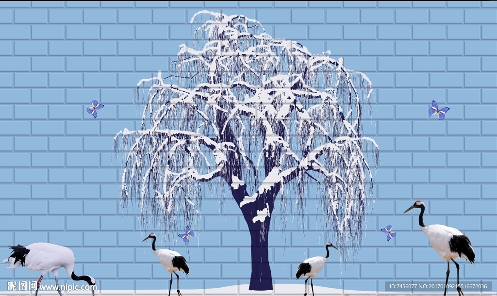 雪树仙鹤时尚墙面立体背景墙