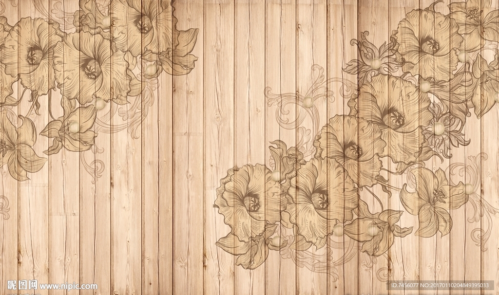 复古手绘花瓣时尚木板背景墙