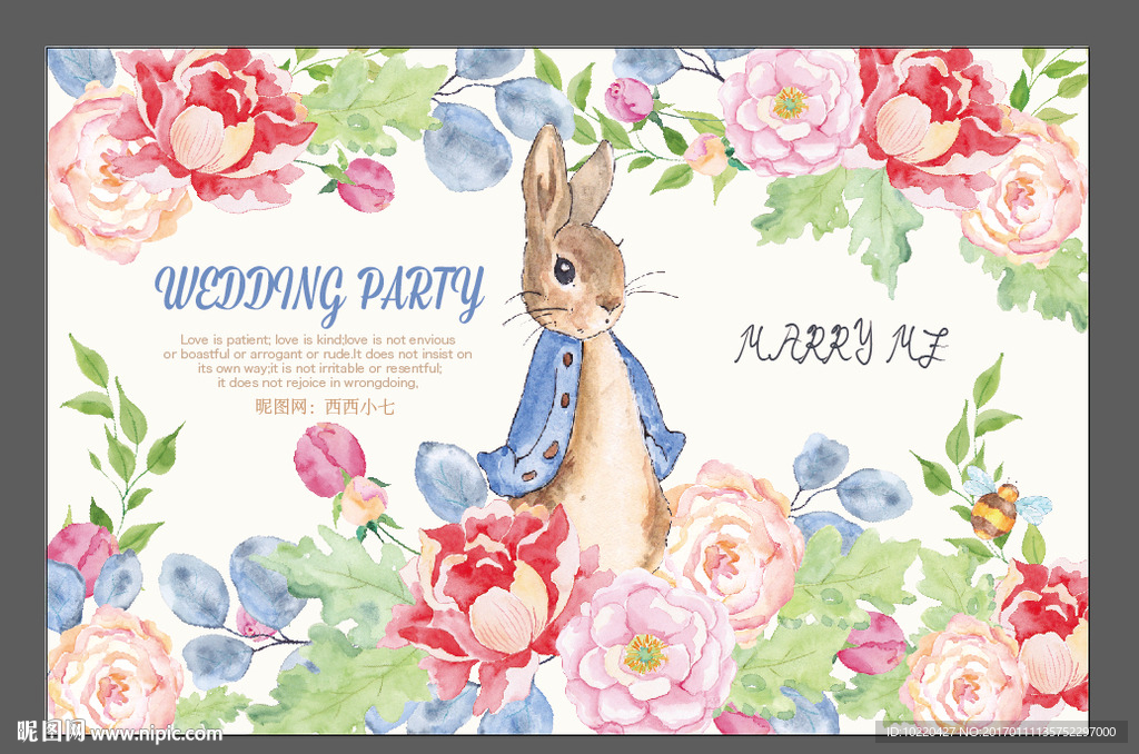 手绘婚礼背景 彼得兔花朵