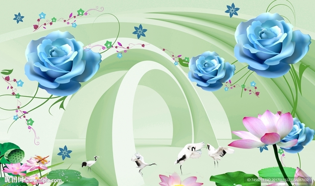 仙鹤莲花蓝玫瑰立体背景墙