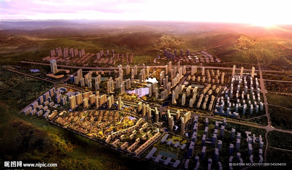 高层住宅规划区黄昏鸟瞰建筑效果