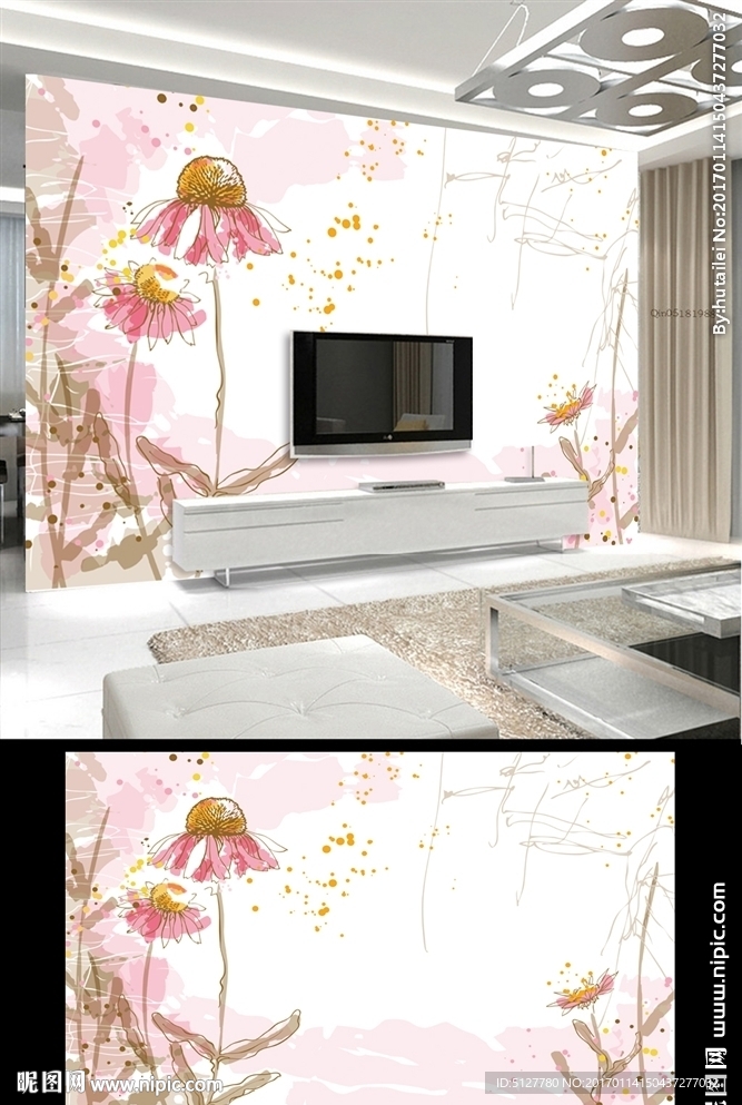 粉色花卉手绘线条psd背景墙