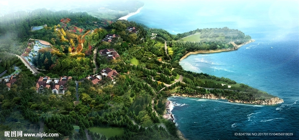 海边别墅度假村鸟瞰建筑效果图