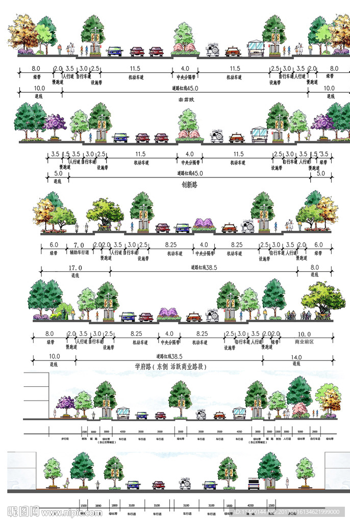手绘风格道路景观断面图PSD