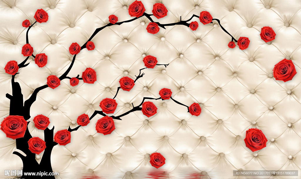 水中红玫瑰花时尚软包立体背景墙