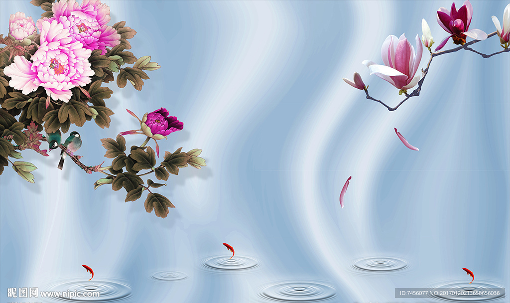 牡丹花游鱼绸布立体背景墙