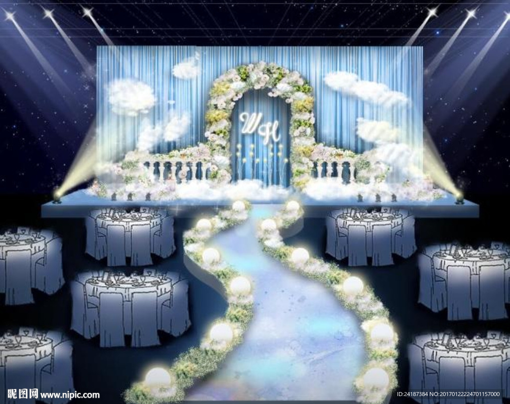 鲜花拱门满天星梦幻蓝色婚礼舞台