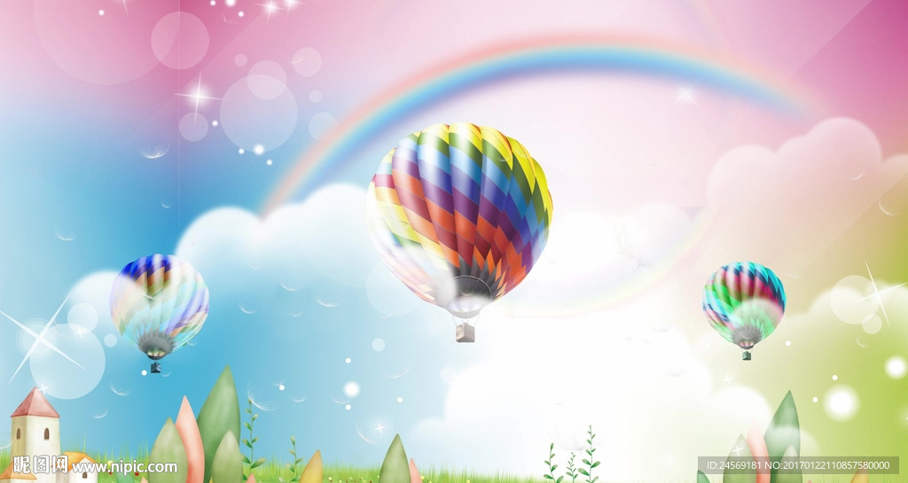 温馨热气球绿草地