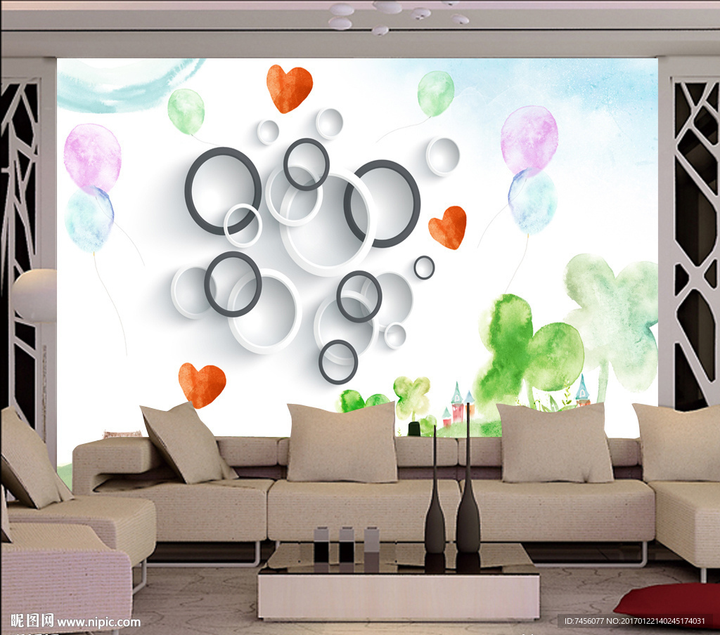 卡通彩绘风景画立体圈圈背景墙