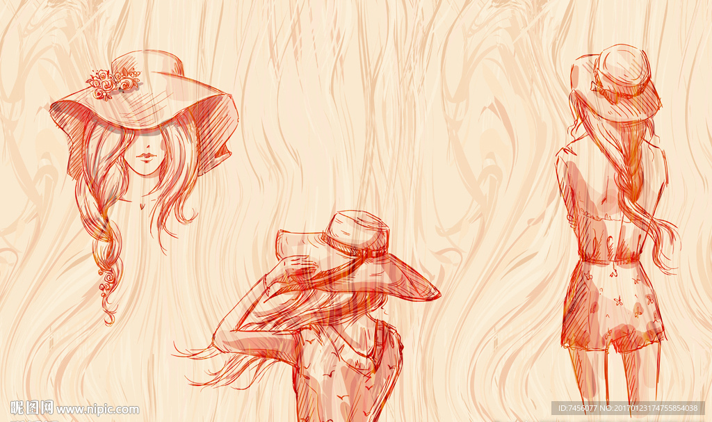 美女素描木纹背景墙