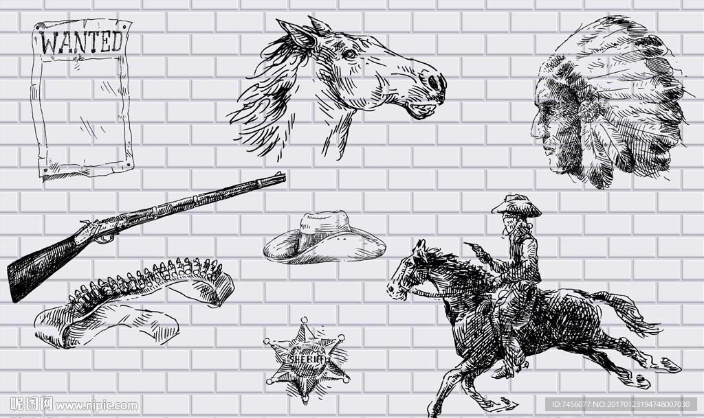 西部部落手绘骏马墙面背景墙