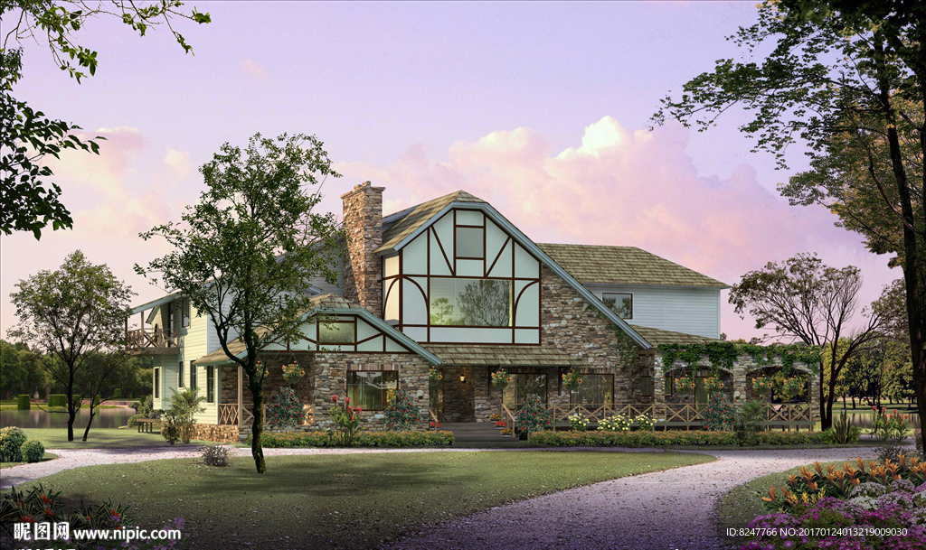 乡村别墅黄昏景观建筑效果图