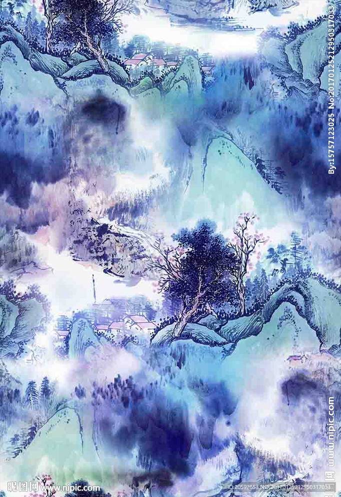高清中国风水墨山水数码印花图案