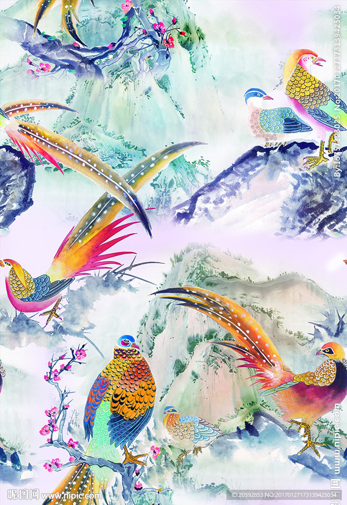 中国风锦鸡飞鸟四方连续印花图案