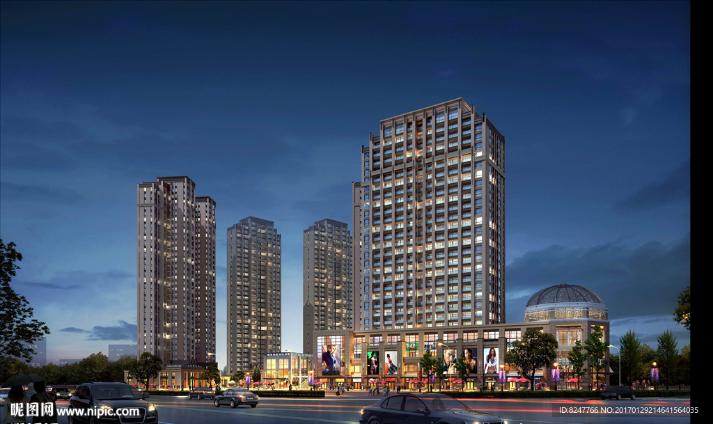 商业住宅中心夜景建筑效果图