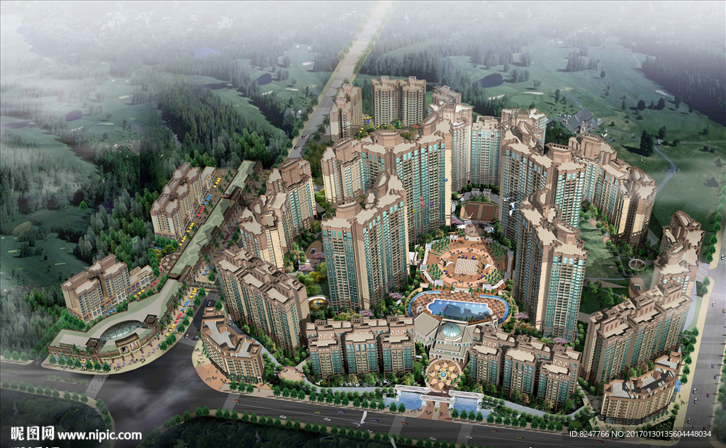 住宅区鸟瞰建筑效果图