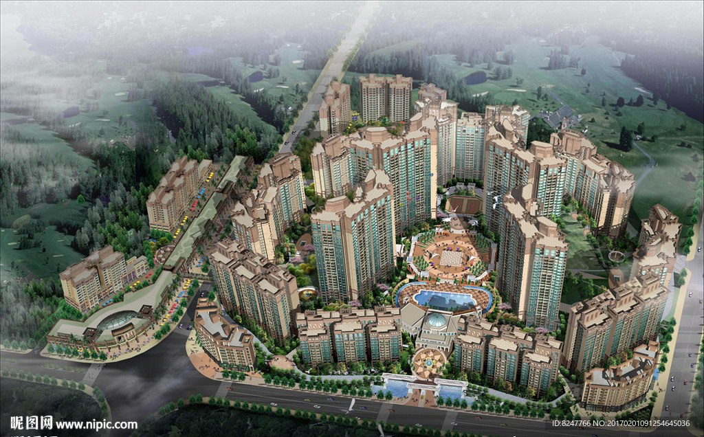 高档住宅小区鸟瞰建筑效果图
