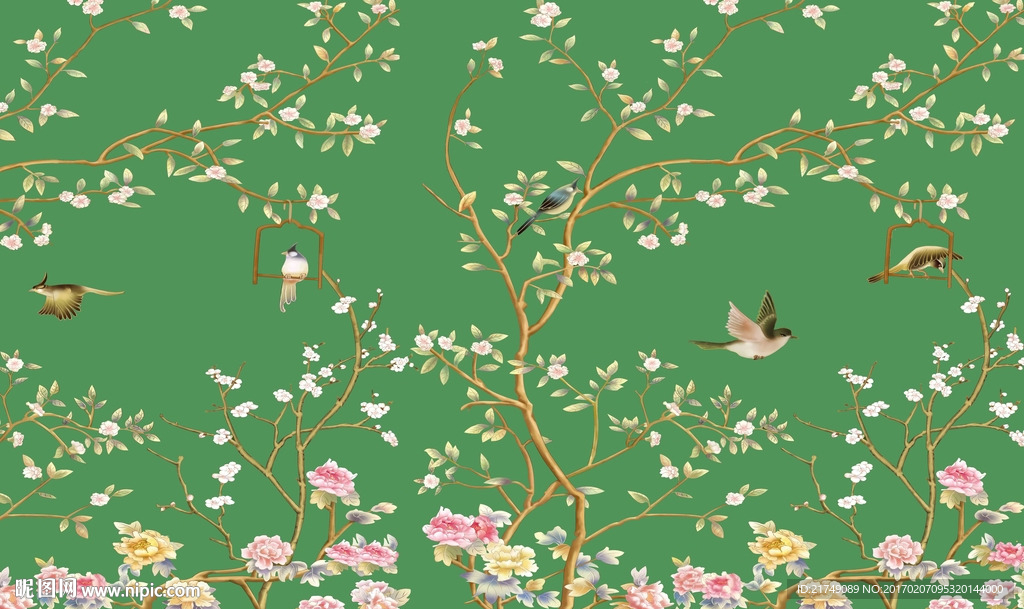 绿色手绘花鸟背景墙