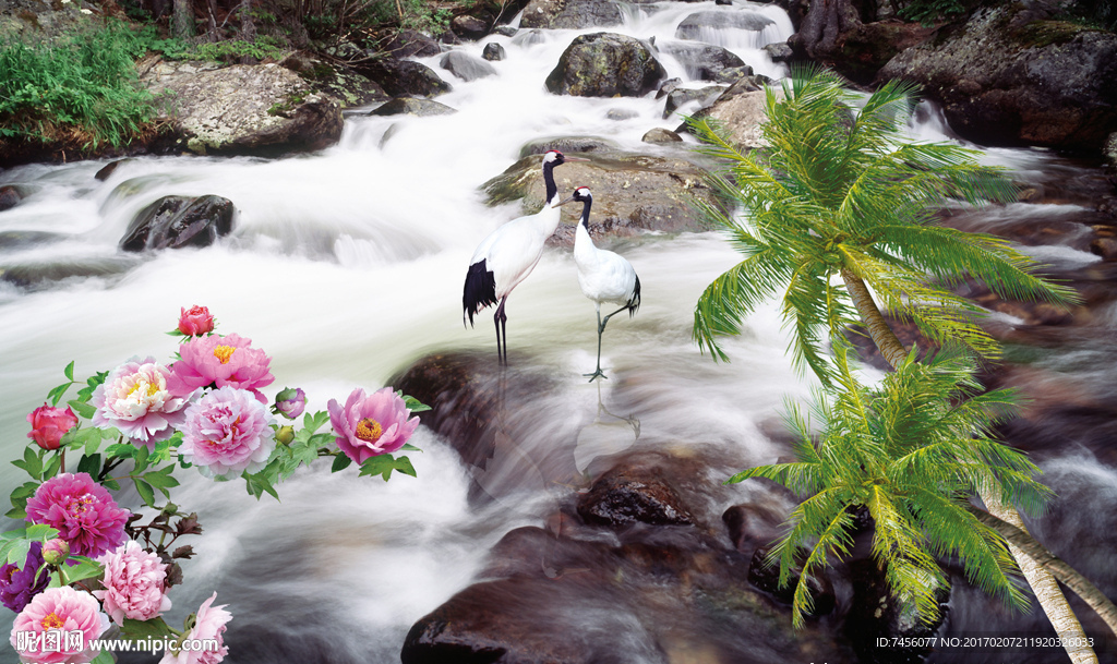 流水仙鹤高清背景墙