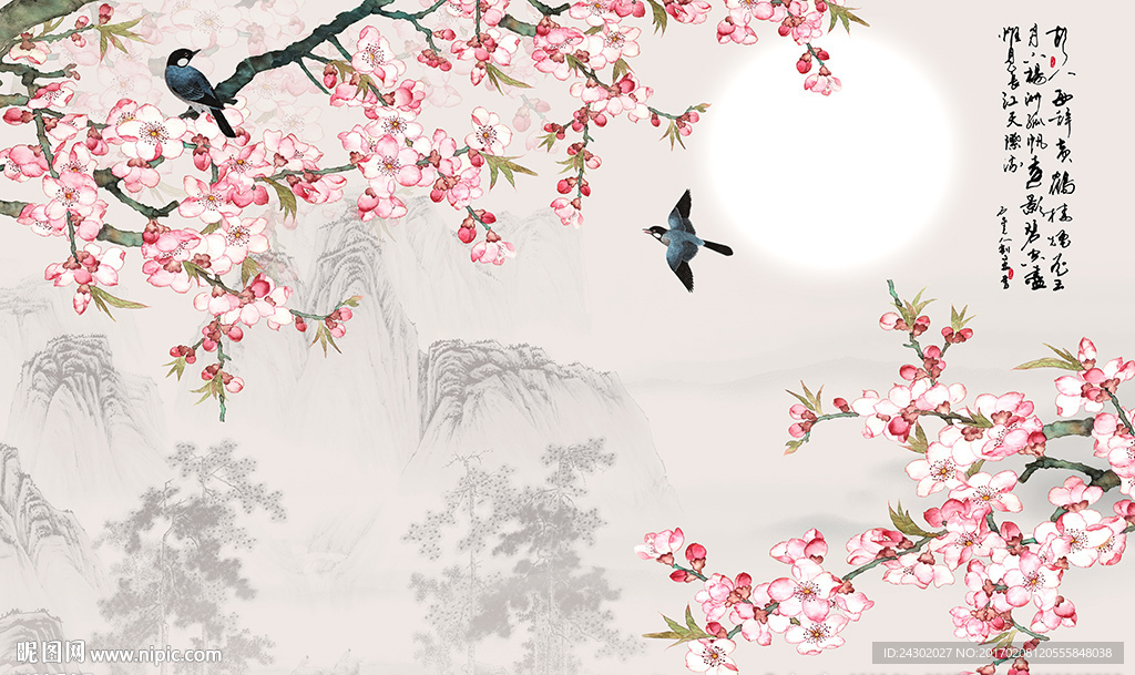 中式桃花花鸟影视背景墙