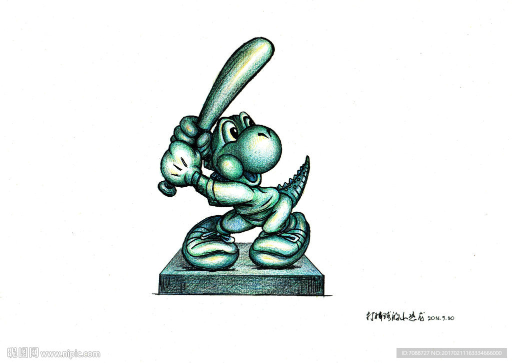 打棒球的小恐龙 雕塑设计图