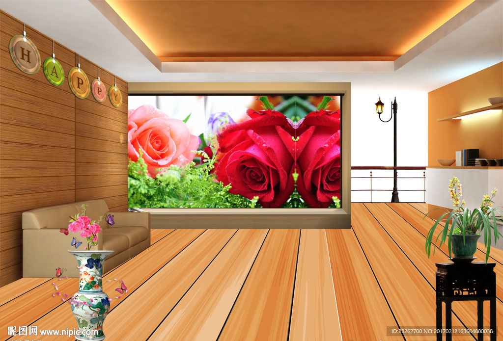 艺术立体红花背景墙装饰画