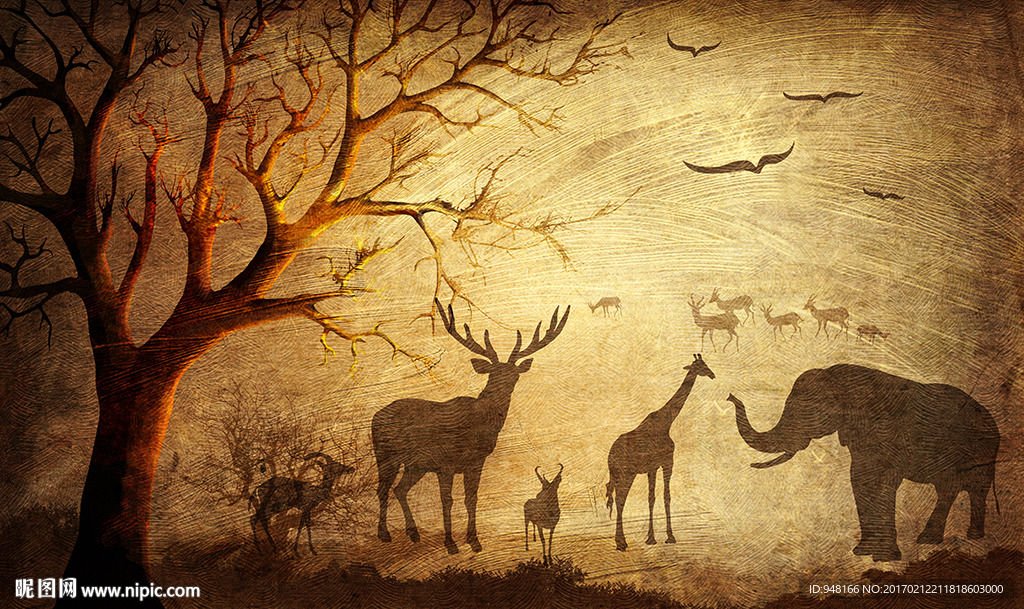 欧式复古欧式麋鹿森林背景墙装饰