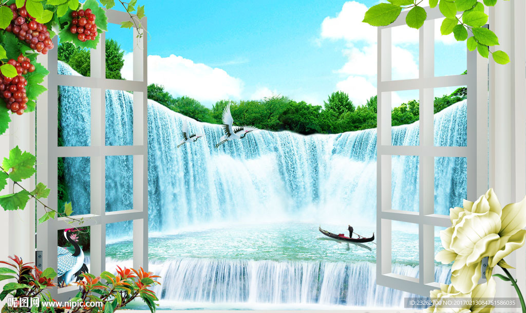 瀑布山水画背景墙