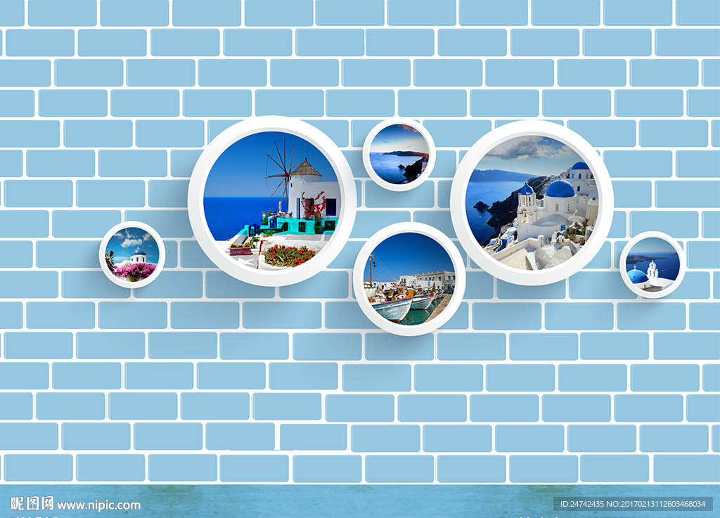 蓝色砖墙立体海景背景墙