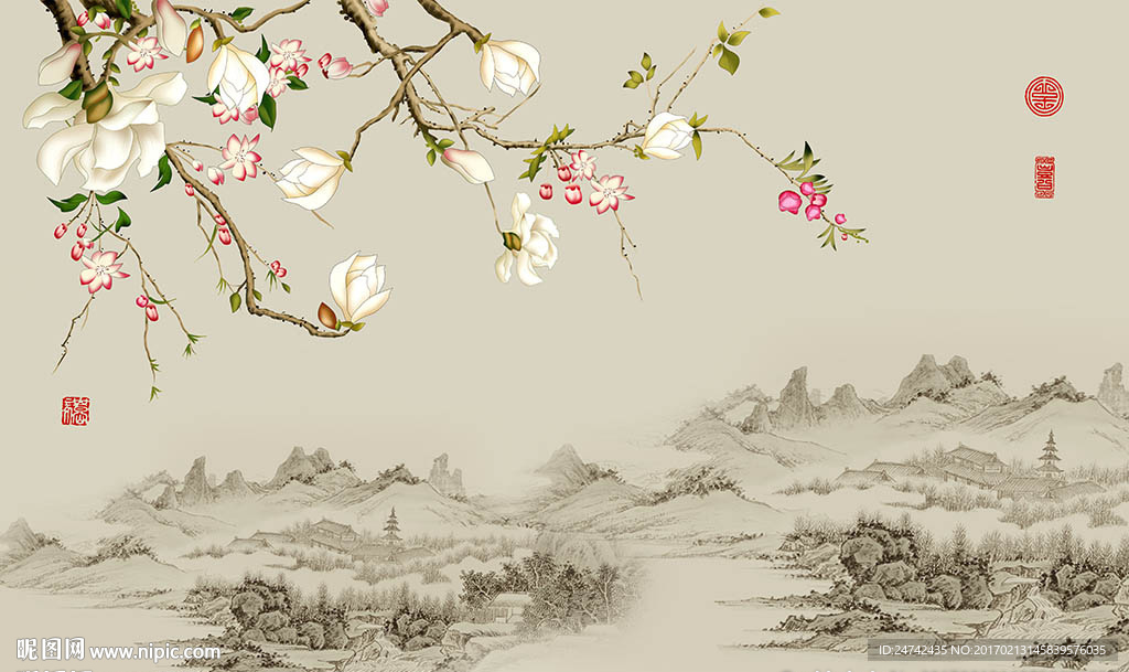 玉兰花鸟中式背景墙