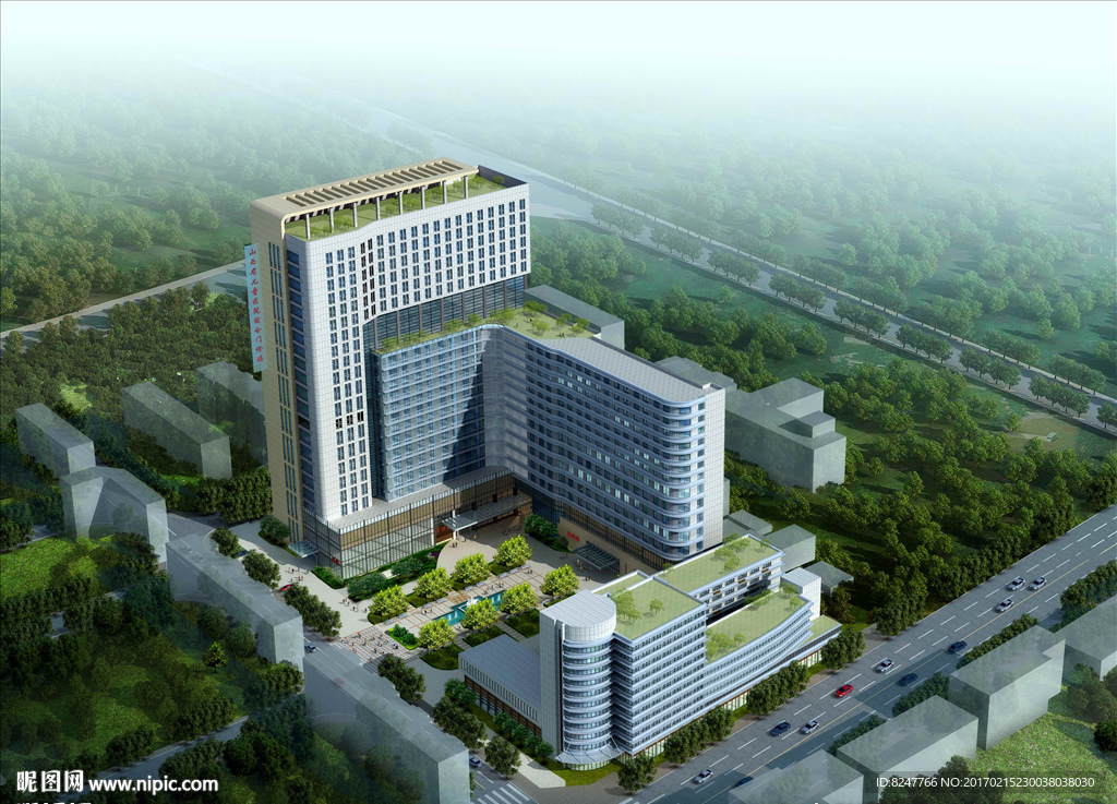 现代化多功能医院鸟瞰建筑效果图