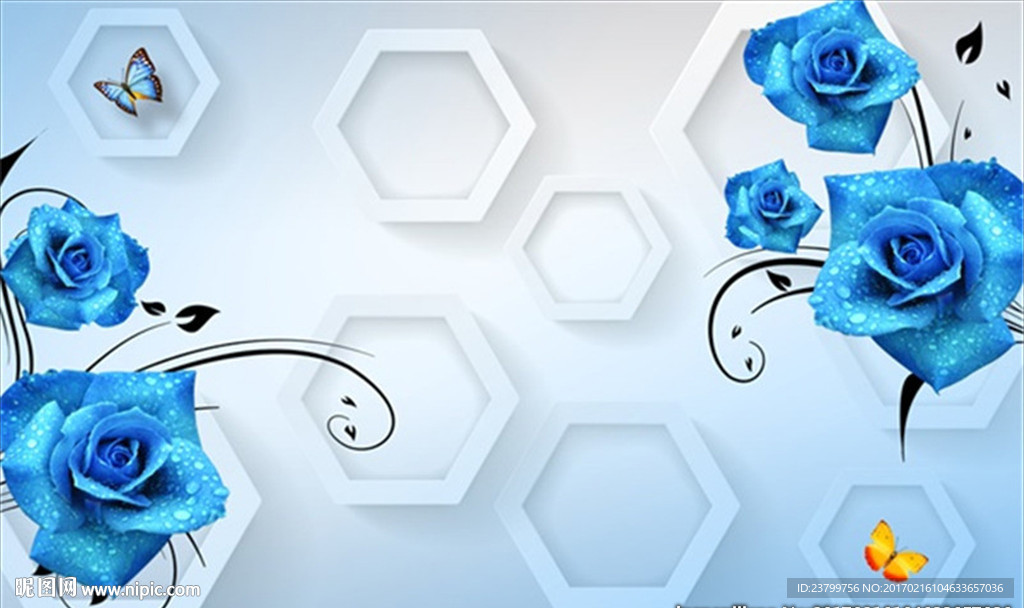 蓝色玫瑰简约时尚背景墙装饰画